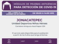 Llevará Gobierno de Morelos pruebas antigénicas a Jonacatepec 