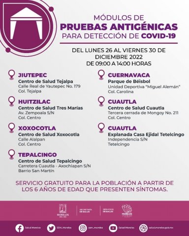 <a href="/noticias/disponibles-pruebas-antigenicas-para-deteccion-de-covid-19-en-morelos">Disponibles pruebas antigénicas para detección de COVID-19 en Morelos</a>