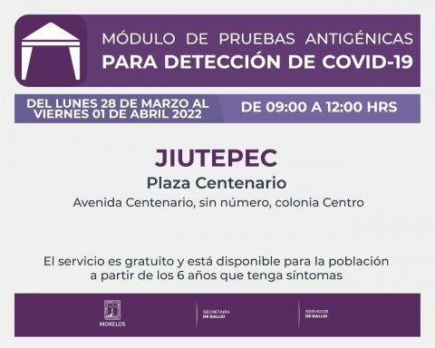 <a href="/noticias/instalaran-autoridades-sanitarias-modulo-de-pruebas-antigenicas-de-covid-19-en-jiutepec">Instalarán autoridades sanitarias módulo de pruebas antigénicas de COVID-19 en Jiutepec</a>