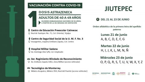 <a href="/noticias/aplicaran-primera-dosis-contra-covid-19-adultos-de-40-49-anos-en-jiutepec-y-xochitepec">Aplicarán primera dosis contra COVID-19 a adultos de 40 a 49 años en Jiutepec y Xochitepec</a>