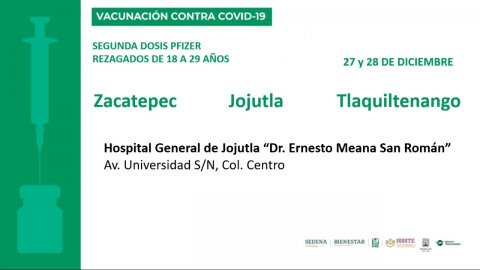 Completarán esquemas de vacunación contra COVID-19 jóvenes de 15 a 17 años